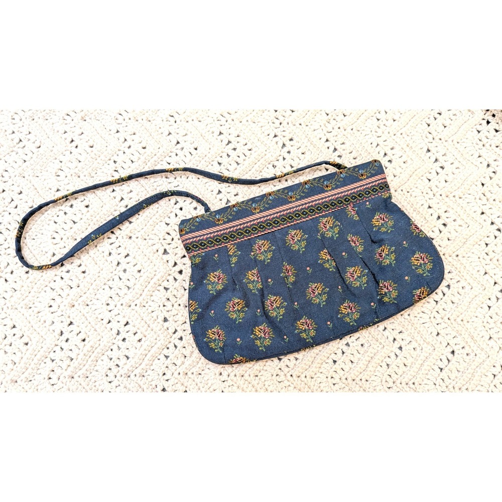 Vintage Theodor California Navy Blue Floral Tapestry Shoulder Bag Pleated Purse